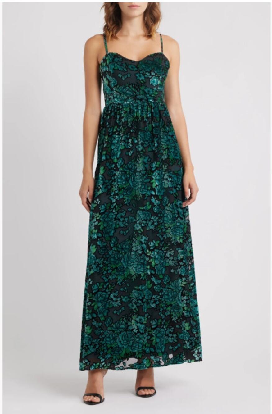 Lulus Minka Teal Green Floral Velvet Burnout Dress M Pockets Adjustable Straps